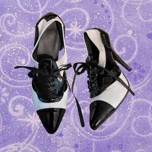 Pleaser Black and White Gangster Lace-Up Pointed Toe Heels